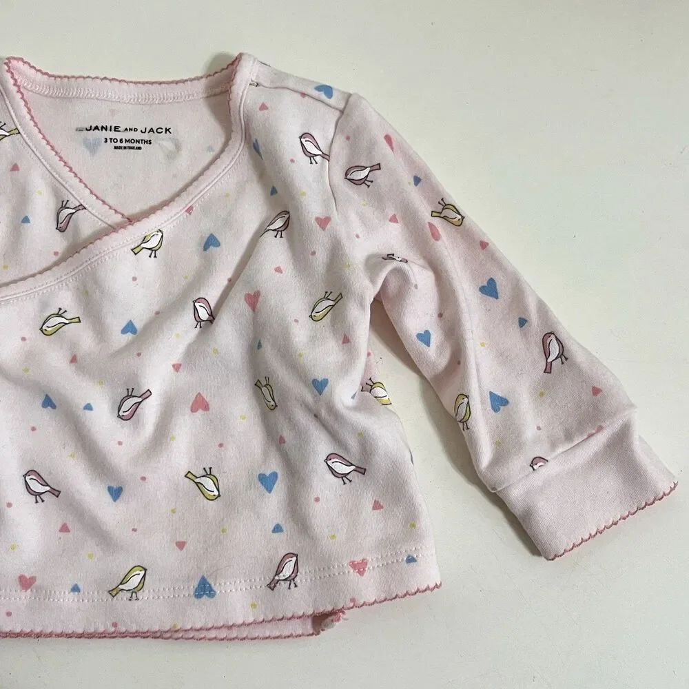 Janie and Jack Pink Bird Heart Kimono Top Footed Pants Set Baby Girl 3-6 Months